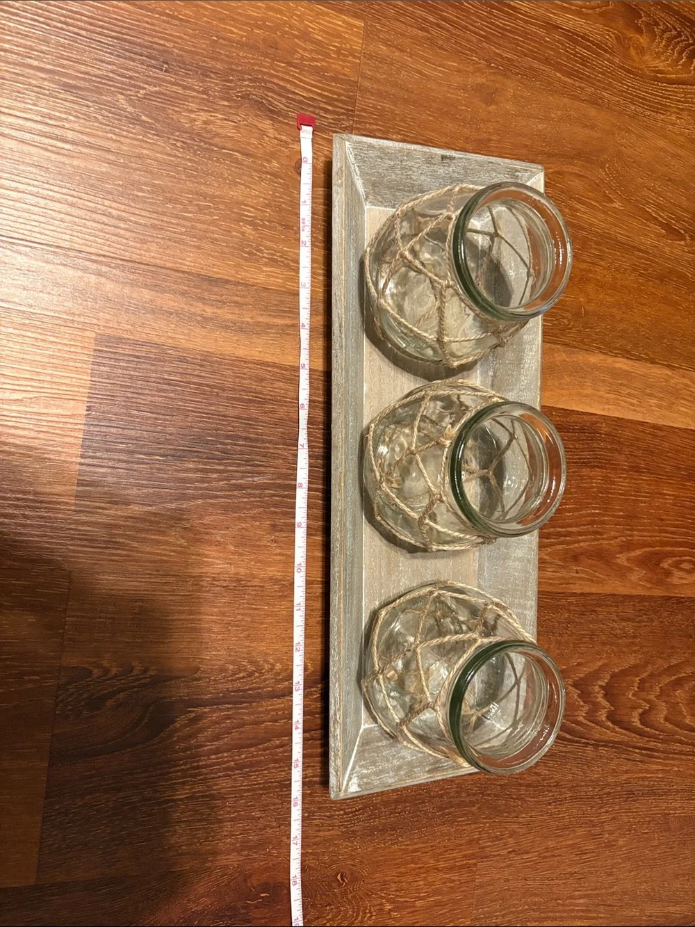 Rustic Glass Votive Trio with Twine on Distressed Tray